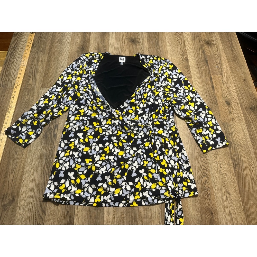 Anne Klein Shirts Womens Size 2X Black Yellow Floral Wrap Faux Surplice Blouse